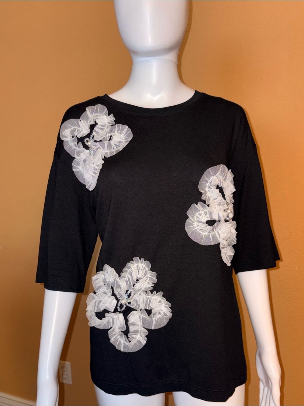 Black Short Sleeve Top with White Floral Appliqués